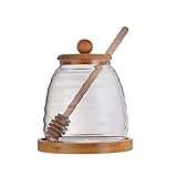 16.9 Oz (500ml) Glass Honey Jar with Bamboo Lid and Dipper Airtight Syrup Dispenser Container Honey Pot for Jam Maple Syrup Home Kitchen Coffee Storage Gift