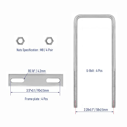 Image of 4 Sets 304 Stainless Steel Square U-Bolts 1.97 inch(50mm) Inner Width, 5.51 inch(140mm) Length Stainless M8 with Nuts, Frame Plate, Accessories for Automobiles Trailer, Boat Trailer Industrial Parts