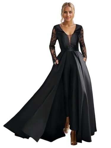 Jumpsuits Elegant Mother of The Bride Dress Formal Wedding Guest Dress Floor Length Long Sleeve Satin Lace 2024