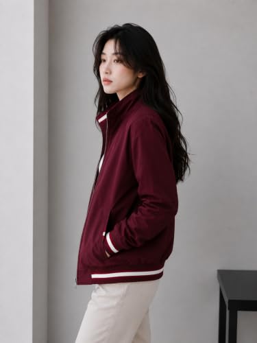 Image of Women's Oversized Bomber Jacket | Casual Full Sleeve Zip-Up Jacket | Lightweight Stand Collar Regular Fit Outerwear with Pockets