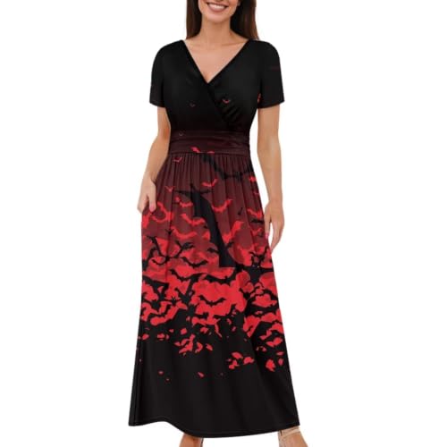 Image of Women's Fall Summer Short Sleeve Ankle Length V-Neck Party Dress with Pockets Size S-3XL