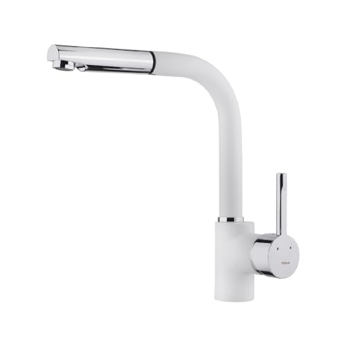 Teka ARK 938 - Grifo de Cocina Monomando con Caño Alto Extraíble de Gran Resistencia, Flexible Súper Resistente, Aireador Anti Calcáreo, Colores Blanco, Negro, Acero Inoxidable y Cromo