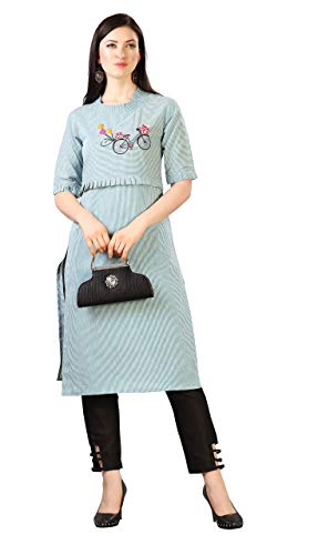 Image of EthnicJunction Women's Pinstripe Cotton Blend Cycle Embroidery with Ruffle Lace Work Straight Kurti
