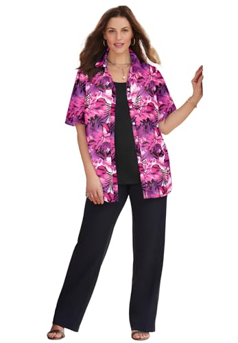 Catherines Women's Plus Size Timeless Short Sleeve Blouse - 3X, Berry Pink Palm Leaves