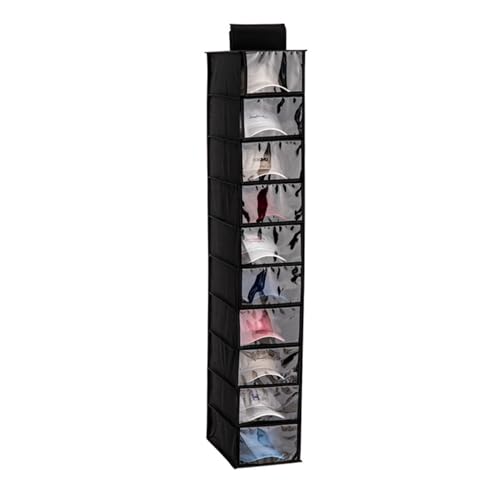 Gurajo Hat Organizer Hanger, Hat Rack for Baseball Caps, Hanging Closet Organizer with 10 Pockets & Cover, Foldable Hat Storage Hanger Holder for Closet, Shelf (Black)