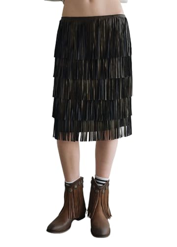 Women’s PU Straight Knee-Length Fringe Skirt Low-Rise Style