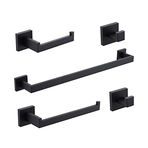 Kirlystone 5-Piece Matte Black Bathroom Hardware Set, Black Stainless Steel Square Wall Mounted Bath Towel Bar, Towel Holder, Toilet Paper Holder, Robe Towel Hooks #TOP5