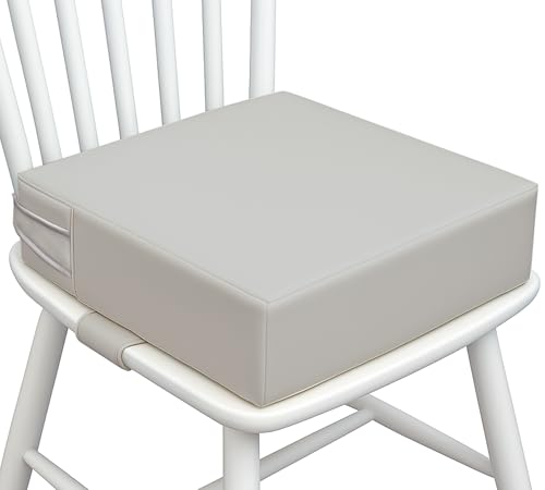 Image of Toddler Booster Seat for Dining Table - PU Washable Cushion with Double Safe Straps, Non-Slip Bottom, Portable Travel Booster Seat for Toddlers (Grey)