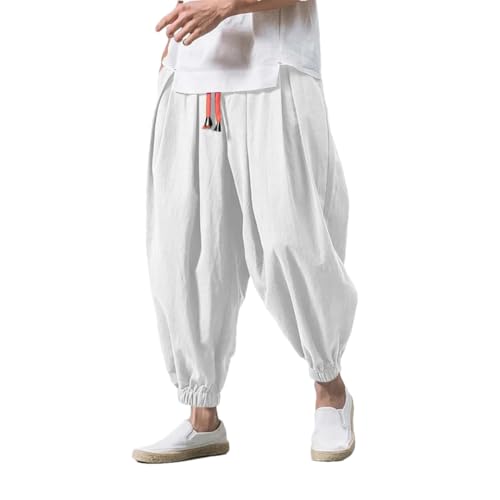 Pohullan Men Linen Harem Pants Men Solid Elastic Waist Streetwear Calf-Length Joggers Casual Trousers