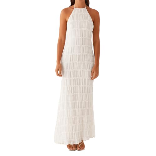 Women Backless Dress Sleeveless Textured Halter Open Back Maxi Dresses Vacation Wedding Guest