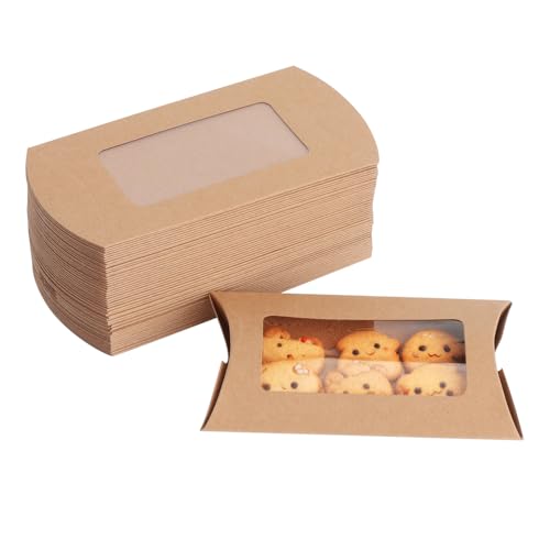 KQDRAVINE 50 Pièces Boîtes Cadeaux Kraft avec Fenêtre Transparente, 12x7x2 Cm Petite Boite Cadeau Kraft Pré-Pliée, Boîtes à Oreiller pour Mariage,...