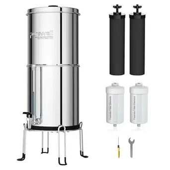 Purewell - 6 Stage Gravity Ultrafiltration System with Glass Water Level Indicator, 304 Stainless Steel Countertop System with 4 Filters and Brackets, Reduces Fluoride 8.5L