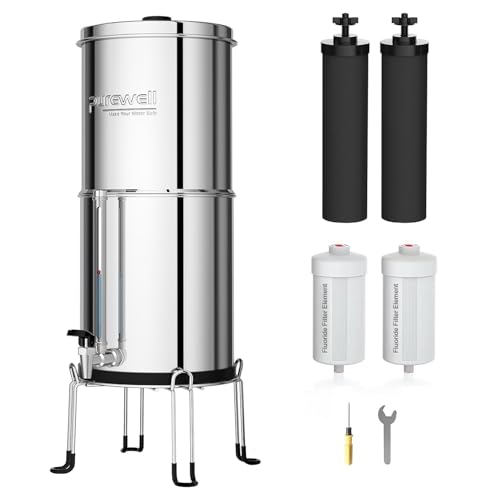 Purewell - 6 Stage Gravity Ultrafiltration System with Glass Water Level Indicator, 304 Stainless Steel Countertop System with 4 Filters and Brackets, Reduces Fluoride 8.5L