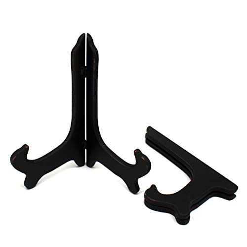 CVHOMEDECO Antique Distressed Black Decorative Wooden Plates Rack Wood Easels Holder Folding Display Stand Home Decor Art 9 Inch Set of 2