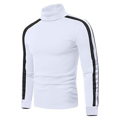 URBAN BUCK Men Turtleneck Long Sleeve Striped Shirt Ribbed Knitted Slim Fit White Mock Turtle Neck Kosco Pullover Sweater (XXL) Cover