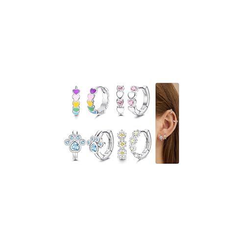 Finrezio 4 pares de aretes de aro de acero inoxidable para dormir, pequeños aretes de aro con bisagras, circonita cúbica, corazón, cartílago para mujeres, niñas y adolescentes, Acero inoxidable, Sin