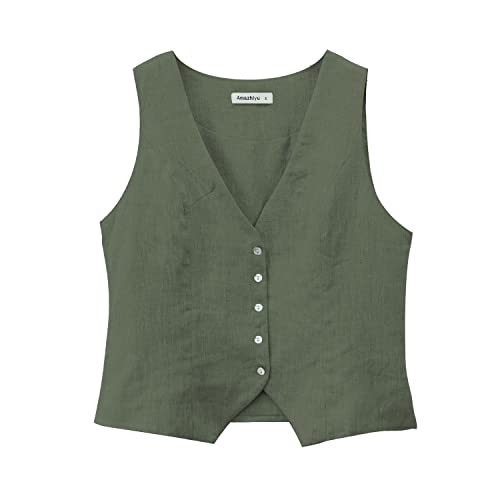 Amazhiyu Womens Pure Linen Sleeveless Button Down V Neck Crop Top Summer Vest Waistcoat (Kombu Green, X-Small)