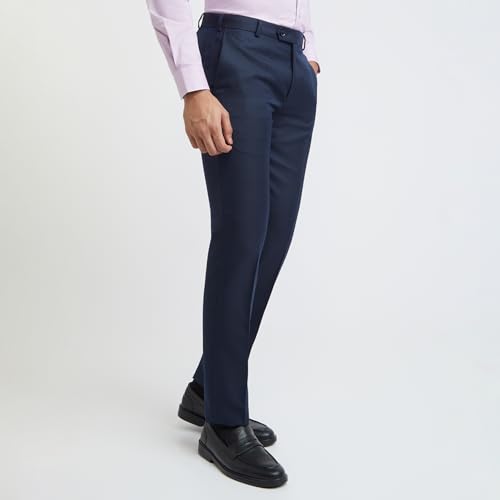 Image of Raymond Men's Slim Fit Mid Rise Structure Pattern Poly Viscose Blend Pleatless Formal Trouser