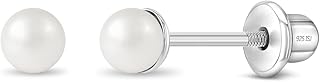 925 Sterling Silver Simulated Pearl Baby Earrings in 3mm-5mm for Toddlers & Young Girls - Hypoallergenic Safety Screw Back Earrings with White Simulated Pearls for Kids