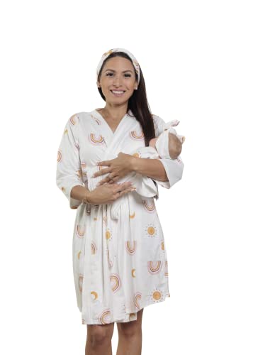 MOMMY O CLOCK Mommy Robe for Maternity and Baby Swaddle Blanket, Milk Silk Matching Delivery Robe and Swaddling Wrap for Mom and Baby (L/XL (12-24), Boho Rainbow)