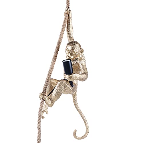 TFCFL Resin Monkey Pendant Light with Hemp Rope, Industrial Edison Retro Chandelier, E27 Hanging Lamp Fixture for Indoor Creative Decor & Lighting, 13.7 * 78.7 Inches (Pendant Light - Golden)