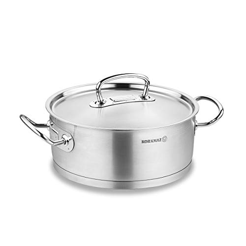 Korkmaz Proline 4.5 Quart Stainless Steel Low Casserole Saute Pot Stockpot With Lid and Handles Silver a1170