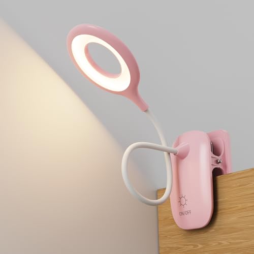 HMAKGG Kids Reading Light Clip On Bed, USB Rechargeable Clip On Bedside Light, Eye Caring Reading Lamp, 3 Colour & 10 Touch Dimmable Brightnes, 360° Flexible Desk Lamp for Study, Gaming, Pink