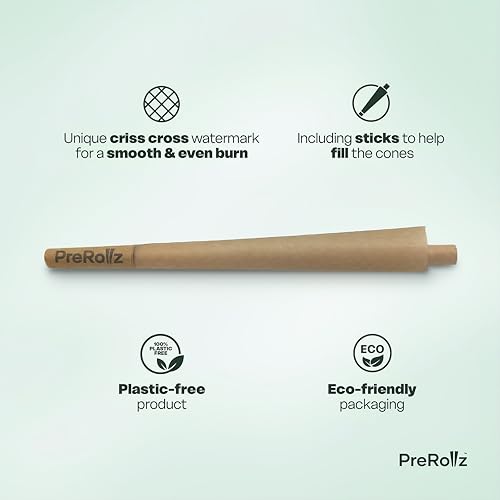 PreRollz 100 naturbelassene Vorgedrehte Hülsen – 109 mm Konische Cones mit 26 mm Filter-Tip – Vorgerollte Joint-Papiere – Pre Rolled Cones – Mit Crisscross-Wasserzeichen für gleichmäßiges Abbrennen