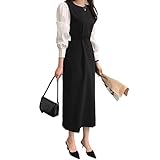 [J-Scott] [ジェイスコット] レイヤード風ワンピース 異素材MIX ぽわん袖 ロング丈 ウエストマーク バイカラー 綿混 モノトーン JS61-BK-M