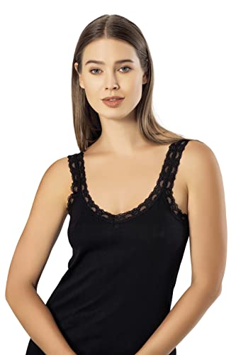 Vavonne Camisole For Women, All Cotton, Airy Soft Comfy Tank Tops Cami Undershirt (Black/Lace Strap, Small) #TOP4