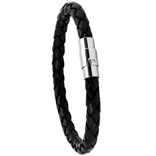 Simaru Handgeflochtene Echtlederarmband für Damen & Herren mit Magnetverschluss (19cm - S, Schwarz)