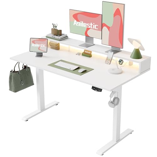 Image of Agilestic 63x24 Inch Electric Standing Desk with Shelf, Height Adjustable with Power Outlets & LED, Sit Stand up Table with Monitor Stand, Computer Workstation, White
