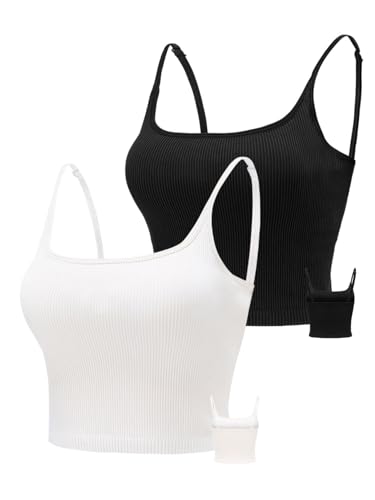 Image of Chilylori Seamless Sports Bra Cropped Tank Top with Adjustable Strap 2 Pack | Workout Tops Ribbed Sports Bra for Women Wireless Longline Crop Tank Padded Comfortable Brami