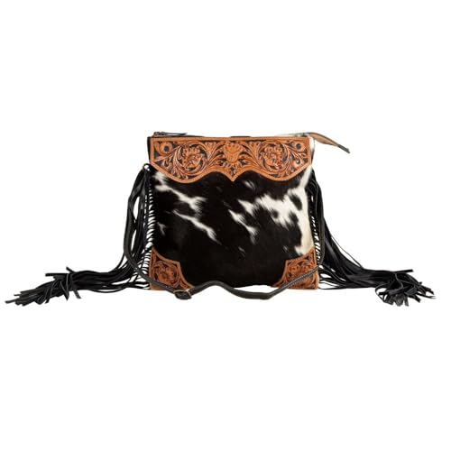 Myra Bag Tumbleweed Trail Tooled Leather Cow Hide Bag - Fringed Cow Hide Purses for Women with Hand-Etched Patterns Genuine Tooled Leather Handbag Hair On Womens Western Purse Cowgirl Gifts