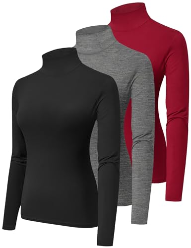 HOPLYNN 3 Pack Turtlenecks Women Long Sleeve Pullover Baselayer Undershirts Sweater Tops Mock Turtle Neck Shirts Black Red Grey Medium