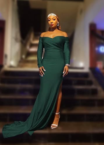Image of Womens Evening Dress for Women Party Elegant Bodycon Split Maxi Dresses, Women's Off Shoulder High Split Formal Party Dress Evening Gown (Dark Green, 2XL)