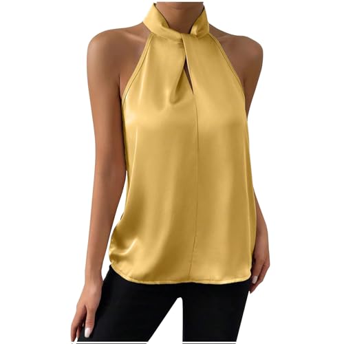 Neckholder-Weste, Tops für Damen, elegant, Satin, ärmellos, modisch, lässig, überkreuzt, Tank-Top, Seide, Camisole Shirts, Sommerwesten,...