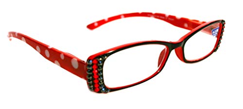 Polkamania, Rectangular Bling Women Reading Glasses Adorned with Genuine European Crystals, Red, Pink, lime green with White Polka Dot. NY Fifth Avenue.