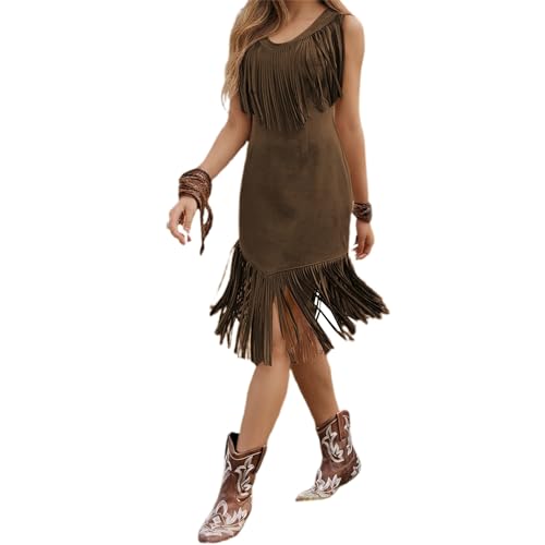 Generisch Vestido largo de punto para mujer con flecos de ante, minivestido sin mangas para el día a día en primavera, verano, vestido de verano maxi hombros descubiertos, marrón, S