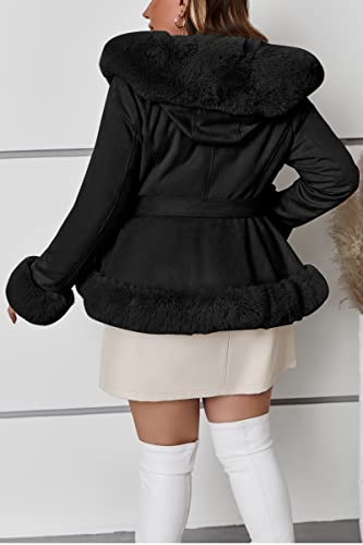 Geschallino Women's Faux Suede Leather Jacket Winter Plus Size Hooded Jacket Warm Fleece lined Dress Belt Coat (1X-5X)4