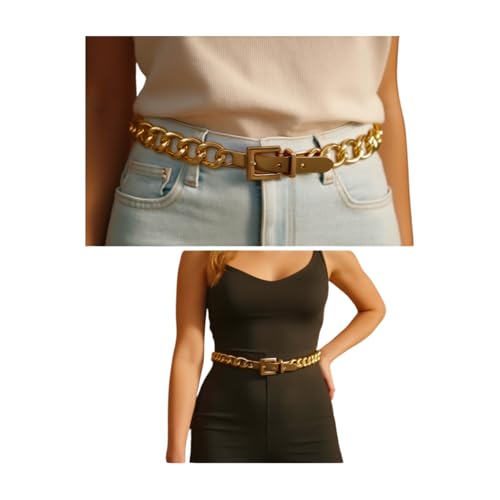 Women Fashion Urban Hip High Waist Belt Gold Metal Chain Thick Links Square Buckle M z2582