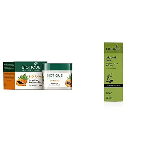 Image of Biotique Bio Papaya Revitalizing Tan Removal Scrub, 75g & Biotique Bio Orris Root Lightening Face Cleanser for Men, 100% Soap Free, 120ml
