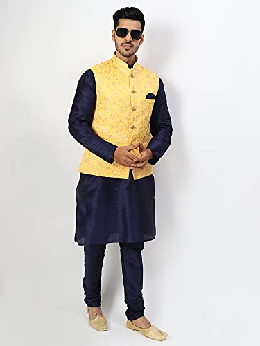 Image of Uri and MacKenzie Men's Silk Blend Regular Kurta Churidar Pyjama with Bundi Nehru Jacket /Waistcoat