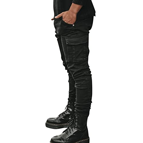 Generisch Cargo Jeanshose Herren Stretch, Cargohose Herren Jeans, Denimhose Vielen Taschen Stretchjeans Slim Fit Bikerjeans Einfarbig Freizeithose Washed Arbeitshosen College Lässig Stoffhose