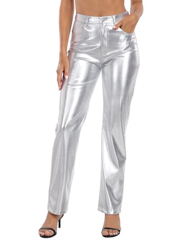 HDE Womens Shiny Metallic Faux Leather Pants High Waisted Straight Leg Trousers Silver - 16