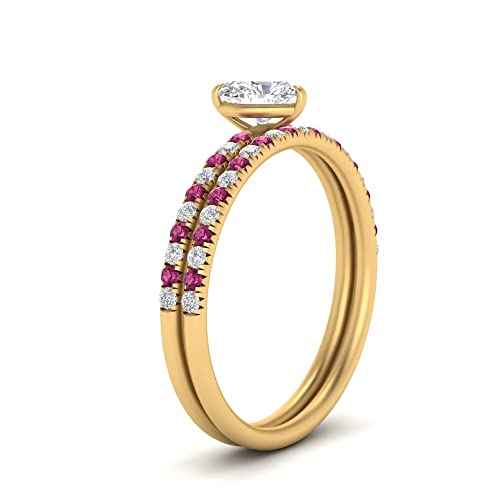 Image of Choose Your Gemstone Pave Petite Ring with Matching Wedding Band Yellow Gold Plated Heart Shape Wedding Ring Sets Minimal Modern Design Birthday Gift Wedding Gift US Size 4 to 12