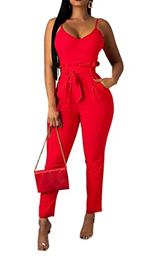 Aro Lora Women's Sexy V Neck Spaghetti Strap Belted Long Pants Jumpsuit Rompers with Pockets X-Large Red