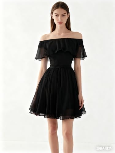 YUAOHUANG Off Shoulder Homecoming Dresses Short for Women Ruffle Flowy Chiffon A Line Mini Homecoming Dress for Teens 20254