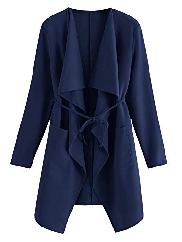 Women's Long Sleeve Trench Pea Coat Cardigan with Raw Cut Hem and Waterfall Collar