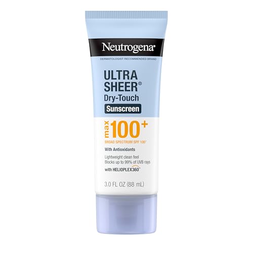 Neutrogena Ultra Sheer Dry-Touch Sunscreen Lotion, Max 100+ Broad Spectrum SPF 100 UVA/UVB Protection, Lightweight, Non-Greasy Sunscreen, Oxybenzone-Free, Antioxidant, Travel Size, 3 fl oz